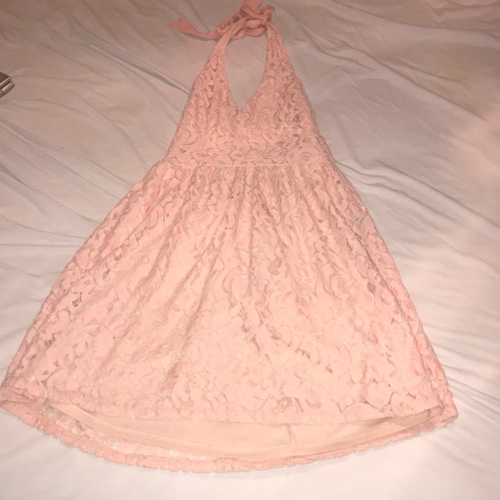 low cut pink lace dress